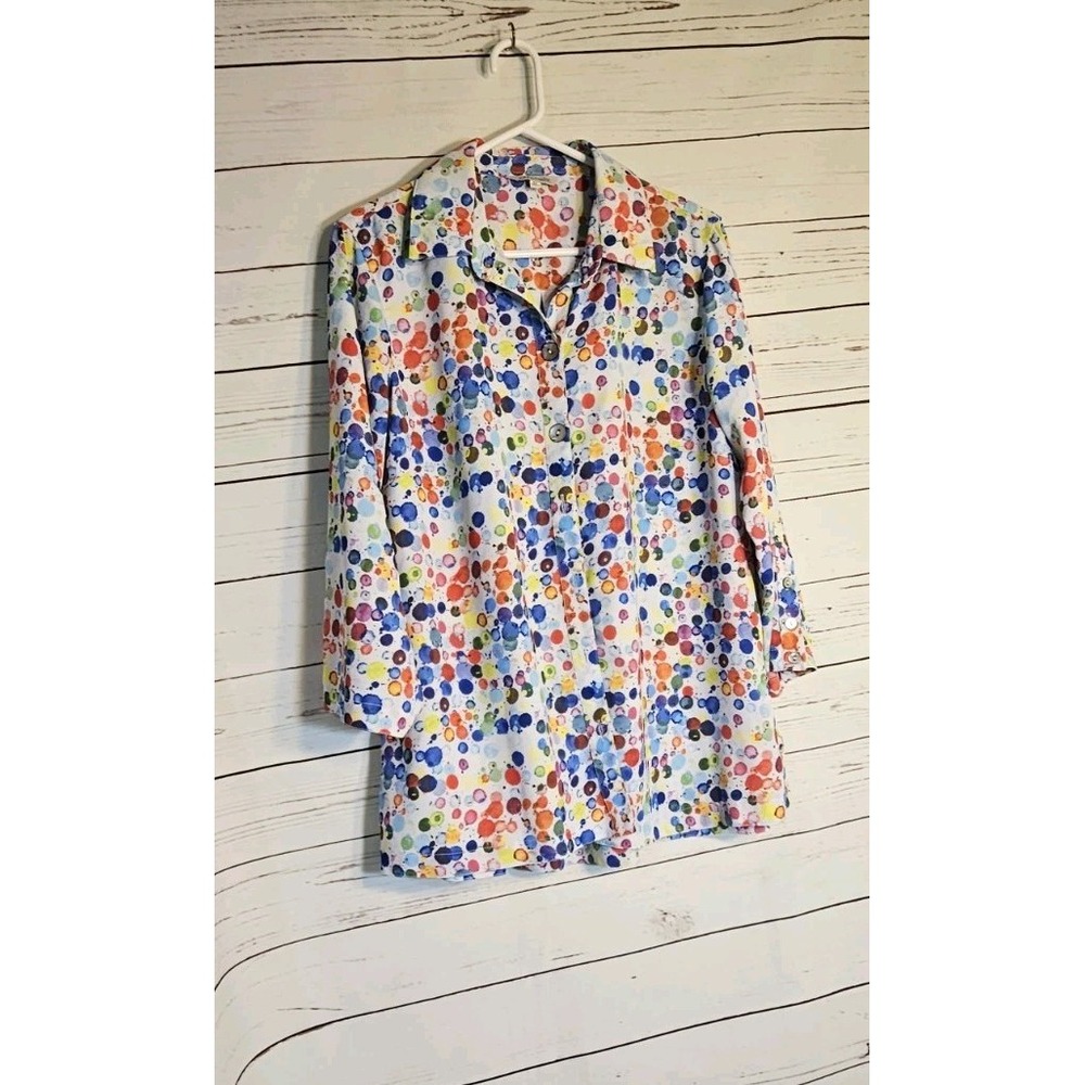 John Mark Polka Dot Paint Splotch Flowy Tunic Blouse Button Split Hem Women Sz M